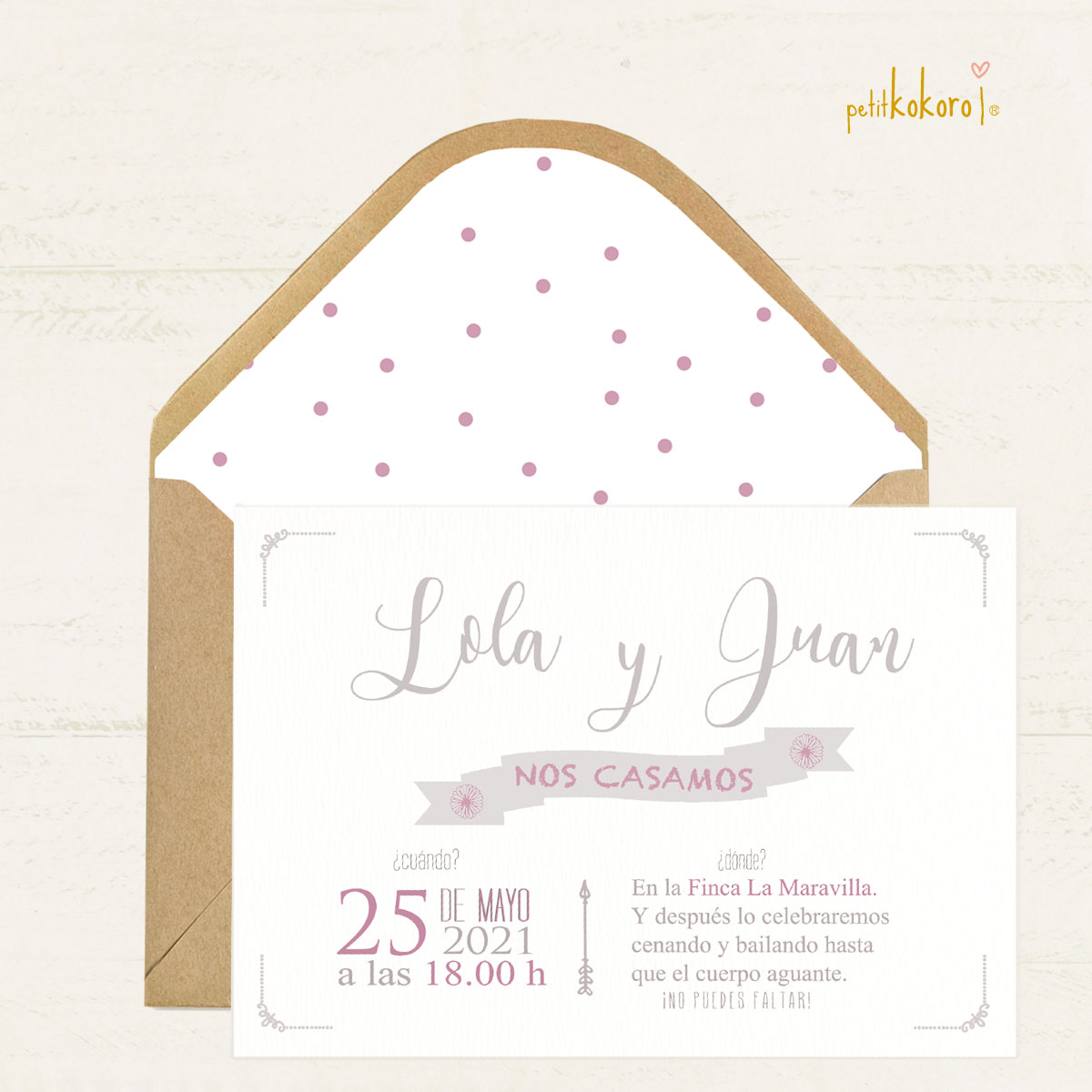 Invitaciones de boda originales KRAFT LAUREL Color Marron Sobre forrado  Sobre sin forro (incluido en el precio) Tarjetas nº cuenta No Impresión  Digital (+40€)